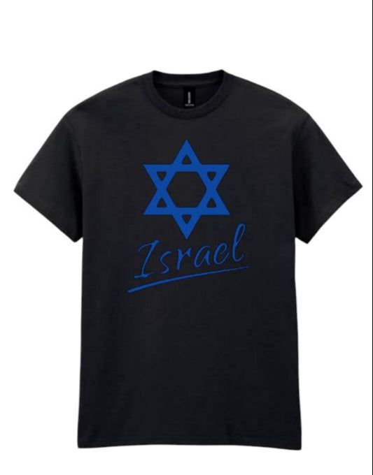 Black t-shirt with blue Star of David and 'Israel' text on a white background